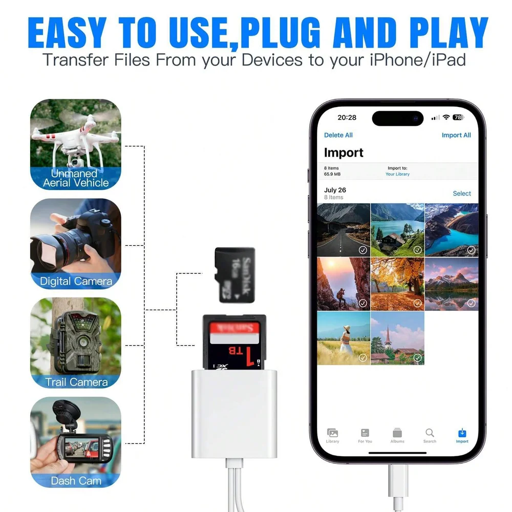 เครื่องอ่านการ์ด 2 ใน 1 แสงและอะแดปเตอร์กล้องการ์ด USB C SD/TF เครื่องอ่านการ์ดหลายตัวพร้อมช่องคู่, Plug and Play สําหรับ iPhone 16 14