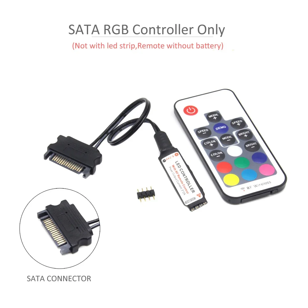 Kontroler LED RGB DC 12V SATA z pilotem RF17, bezprzewodowy, duży kontroler 4-pinowy Molex do wentylatorów PC, obudowy komputera, oświetlenia taśmowego 5050
