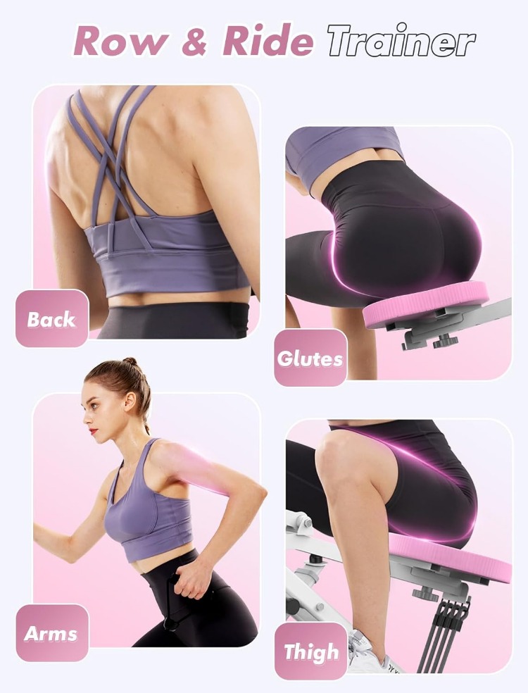 Pink Squat Machine for Home,Rodeo Core Exercise Machine,330lbs Foldable,Adjustable 4 Resistance Bands,Ride & Rowing Machine