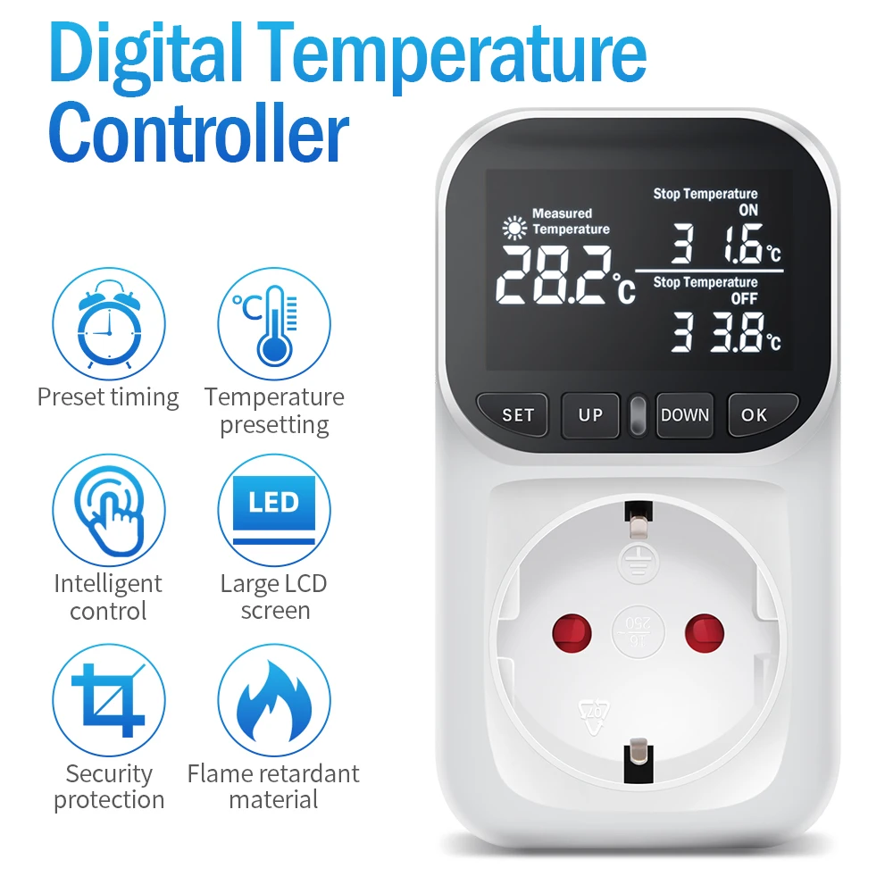 Digitaler Temperaturregler, Steckdose, Thermostat, EU-Stecker, 220 V, LCD-Display, voreingestellter Zeitschalter, Kühlung, Heizung, Temperatursensor