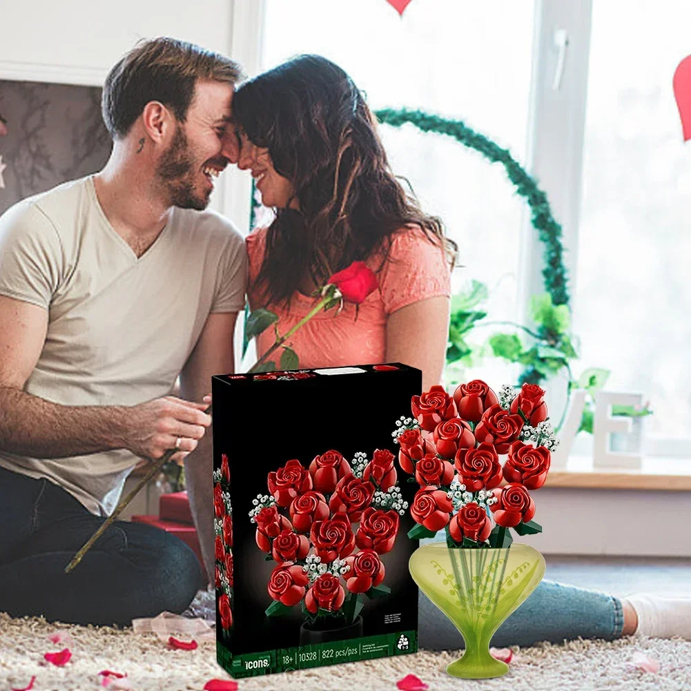 Buquê de rosas compatível com 10280, construção de flores artificiais, blocos de construção, brinquedos, presente de aniversário, decoração de casa