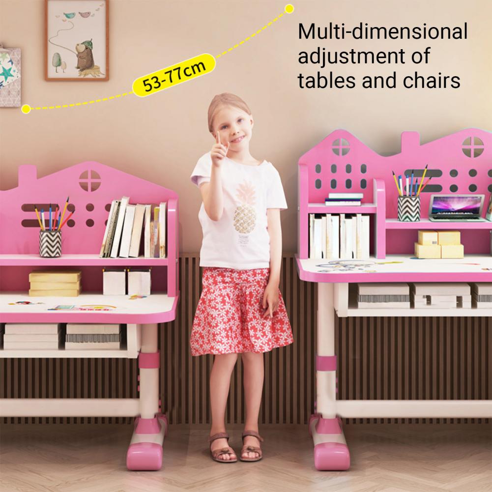 Study Desk Chair Set Multi Bookstand Widened Desktop Cartoon Pattern Kids Adjustable Height Study Drawer Table with Chair Set