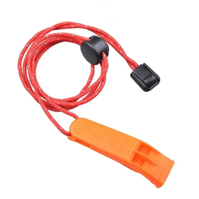 Kunststoff Outdoor Camping Wandern Überleben Rettungs Notfall Laute Pfeife Sport Spiel Doppel Rohr Dual Band Pfeife Mit Schwanz Seil