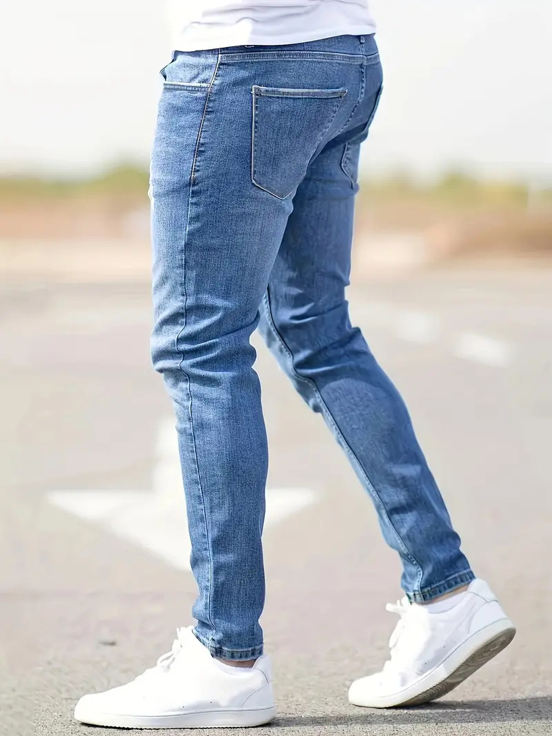 Pantalones vaqueros desgastados para hombre, pantalones pitillo ajustados con agujeros de tela vaquera, lavado Vintage, color liso, hasta el tobillo, estilo Punk, bolsillos ajustados, 2024