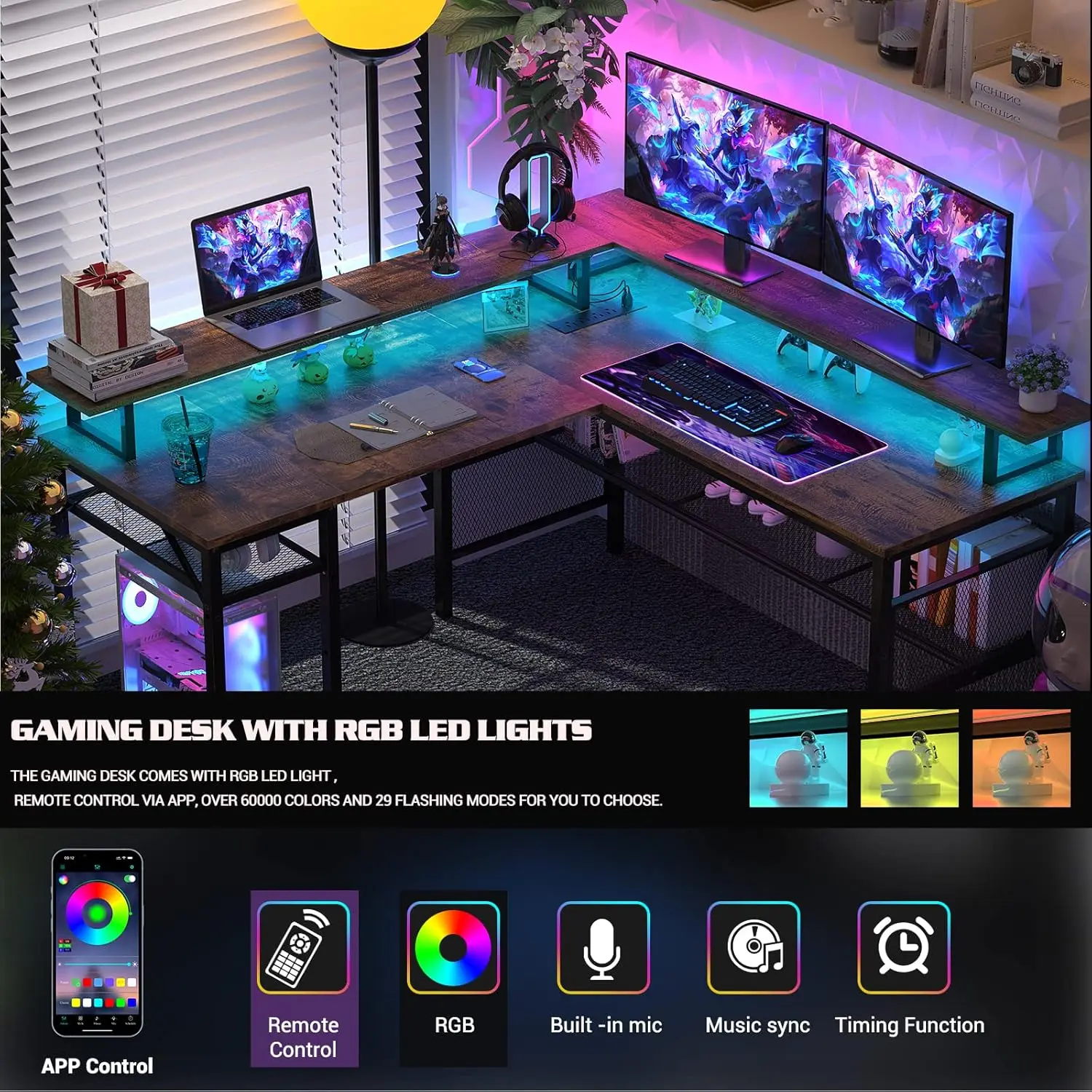 L Shaped Desk with LED Light and Power Outlet, Reversible Corner Computer Table with Monitor Stand and Storage Shelf, Modern L-