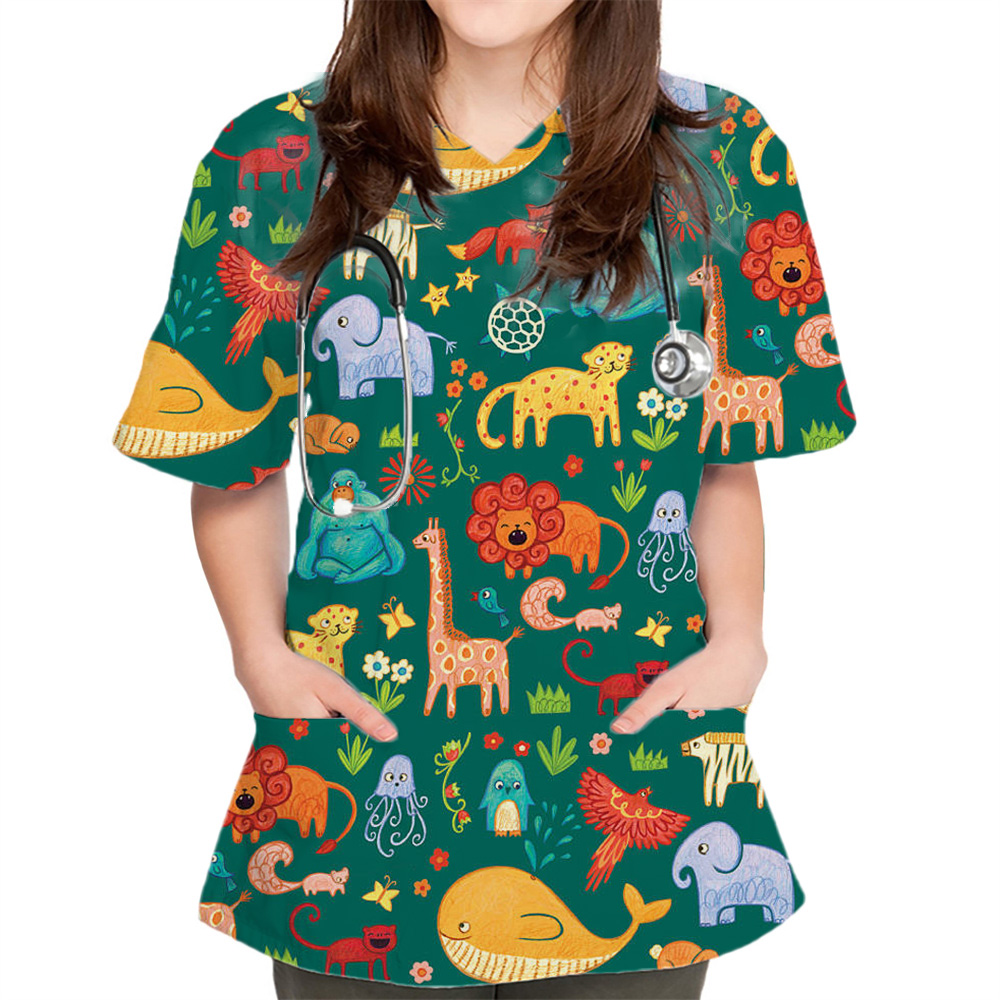 女性のためのポケット付き看護ユニフォーム、看護ユニフォーム、Vネックトップ、かわいい看護トップス、プリントナース、かわいい歯科医トップス