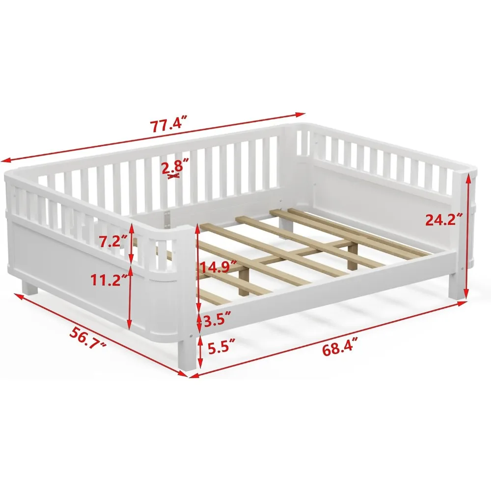 Full Size Wooden Floor Bed, Montessori Platform Bed Frame with Low Profile & Safety Rails, Space Saving Kids Beds for Boys Girls