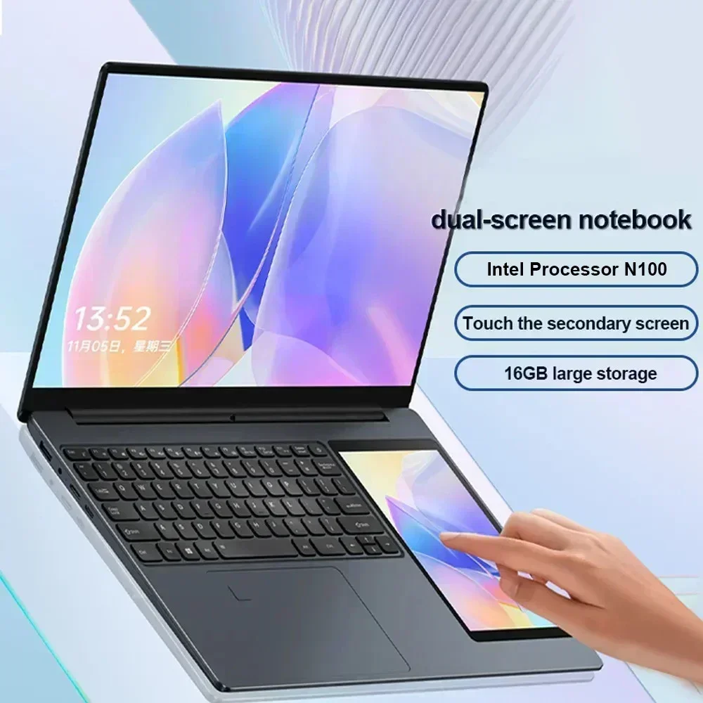 CRELANDER 듀얼 스크린 노트북, 인텔 알더 레이크 N100, 16GB DDR4 RGB 백라이트 키보드, 컴퓨터 노트북 터치스크린, 15.6 인치 + 7 인치