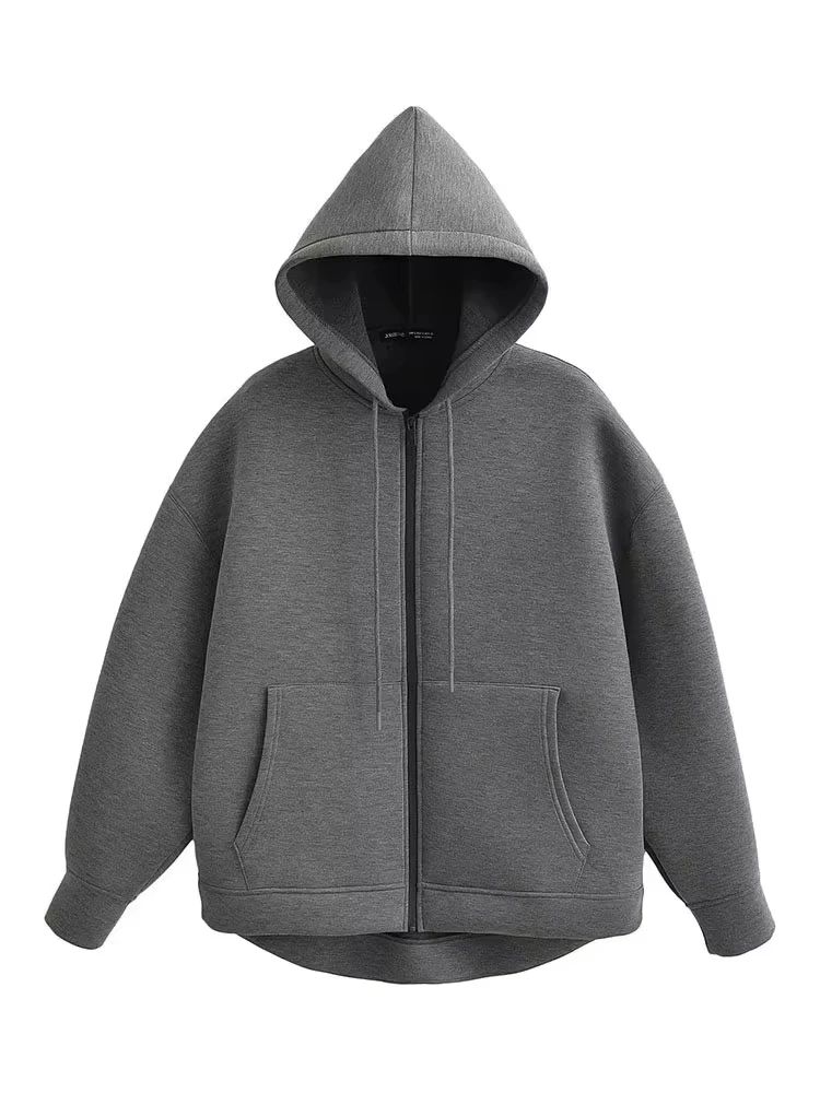 HH Inverno Novo Casaco com capuz com zíper feminino High Street Bolsos duplos Jakcet Moletons soltos de tamanho grande Top