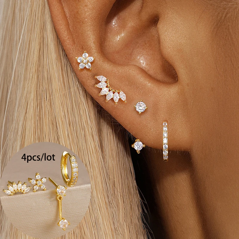 Juego de 4 Uds de pendientes de aro Huggie circulares de acero inoxidable para mujer, Color dorado, pendiente único con forma de flor de circón, joyería para Piercing