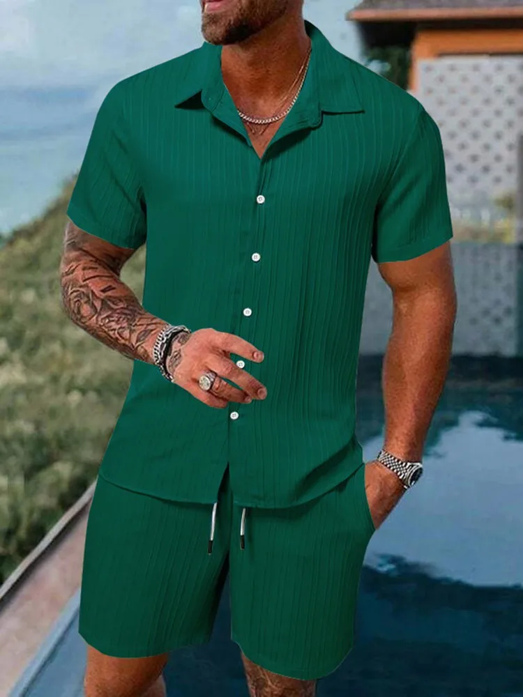 Frühling Und Sommer Neue Sport männer Polo Casual Einfarbig Lose Kurzen ärmeln Kordelzug Shorts Strickjacke Gestreiften Sport anzug