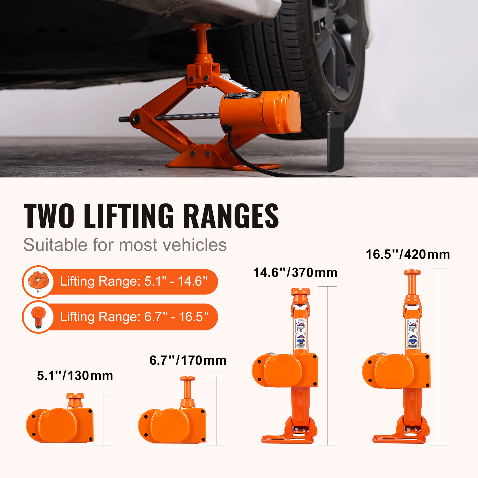 VEVOR Kit di Attrezzi per Martinetto Idraulico a Forbice per Riparazione dell'Auto Veicolo Carico Massimo 3 Tonnellate Corrente CC 12V 15A, Cassetta di Attrezzi per Martinetto a Forbice Cavo da 3,5m