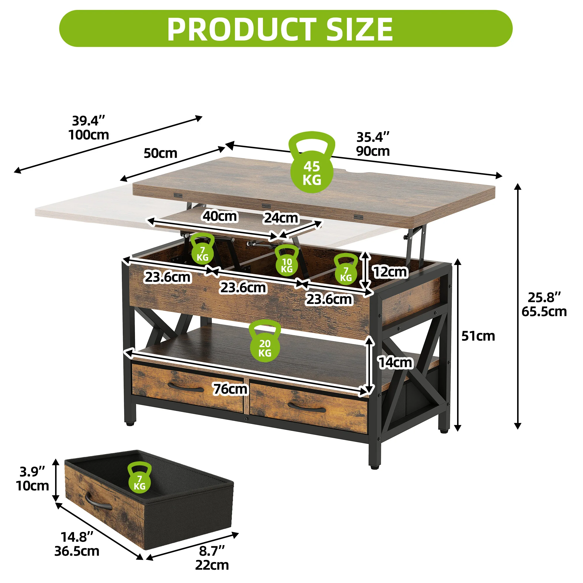 Balconera Table basse relevable avec rangement – Table de salle à manger extensible avec 2 tiroirs et lumière LED, 90 × 50 × 1,5 cm