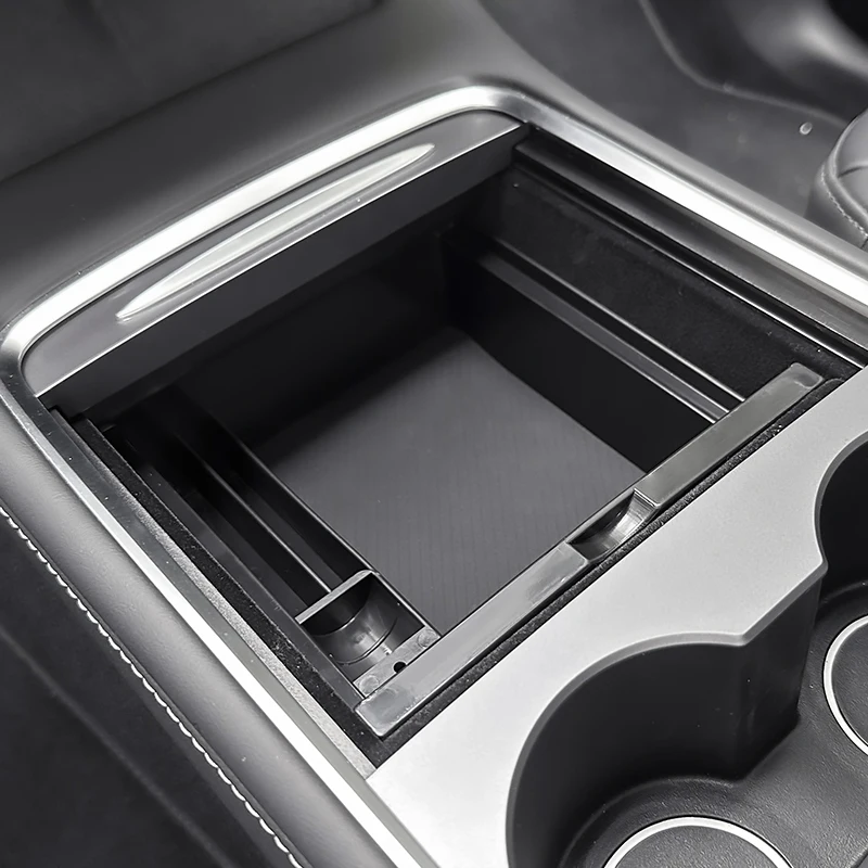 For Tesla Model Y 2020-2024 Hidden Storage Box Car Center Console Armrest Front and Rear Flocking Layer Container Slide