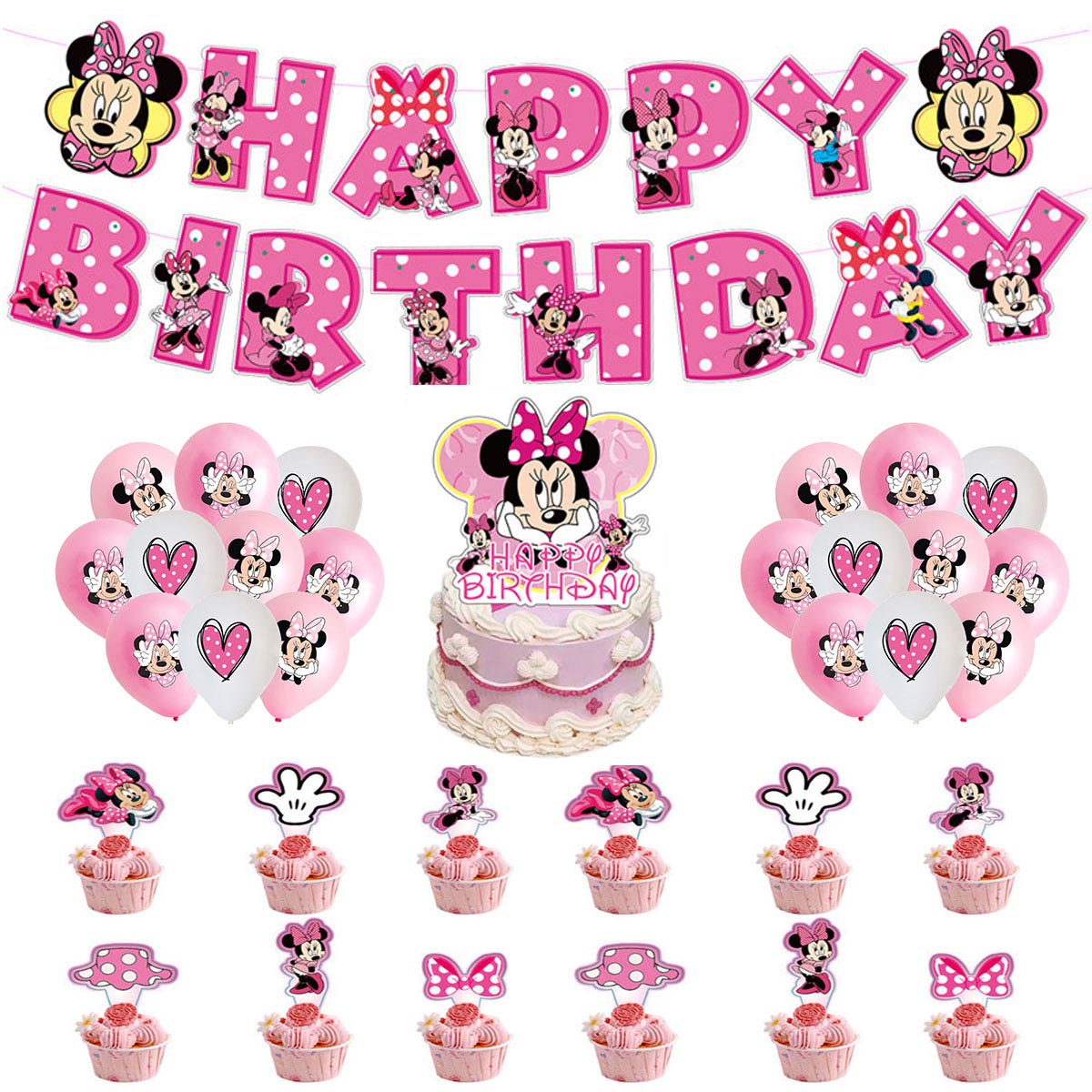 Minnie Mouse Party ตกแต่ง Disposable Tableware Minnie ถ้วยบอลลูนสําหรับสาวอาบน้ําเด็ก Birthday Party Supplies