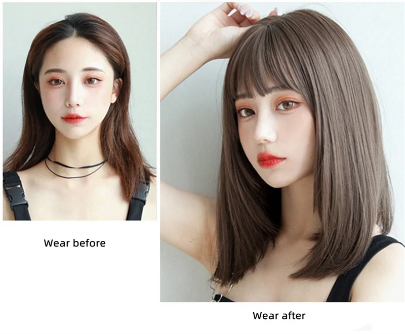 Przedłużanie włosów w stylu koreańskim Moda syntetyczna Młode kobiece peruki Oddychająca osłona głowy Średniej długości prosta peruka Kapelusz dla kobiet