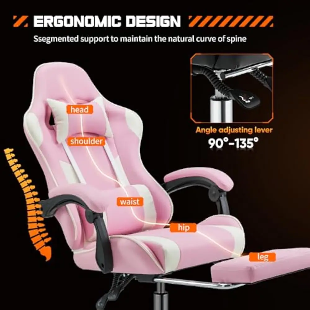 Video Game Desk Chair w/Footrest and Comfy Lumbar Support, PU Leather Recliner with Headrest, Height Adjustable with 360° Swivel
