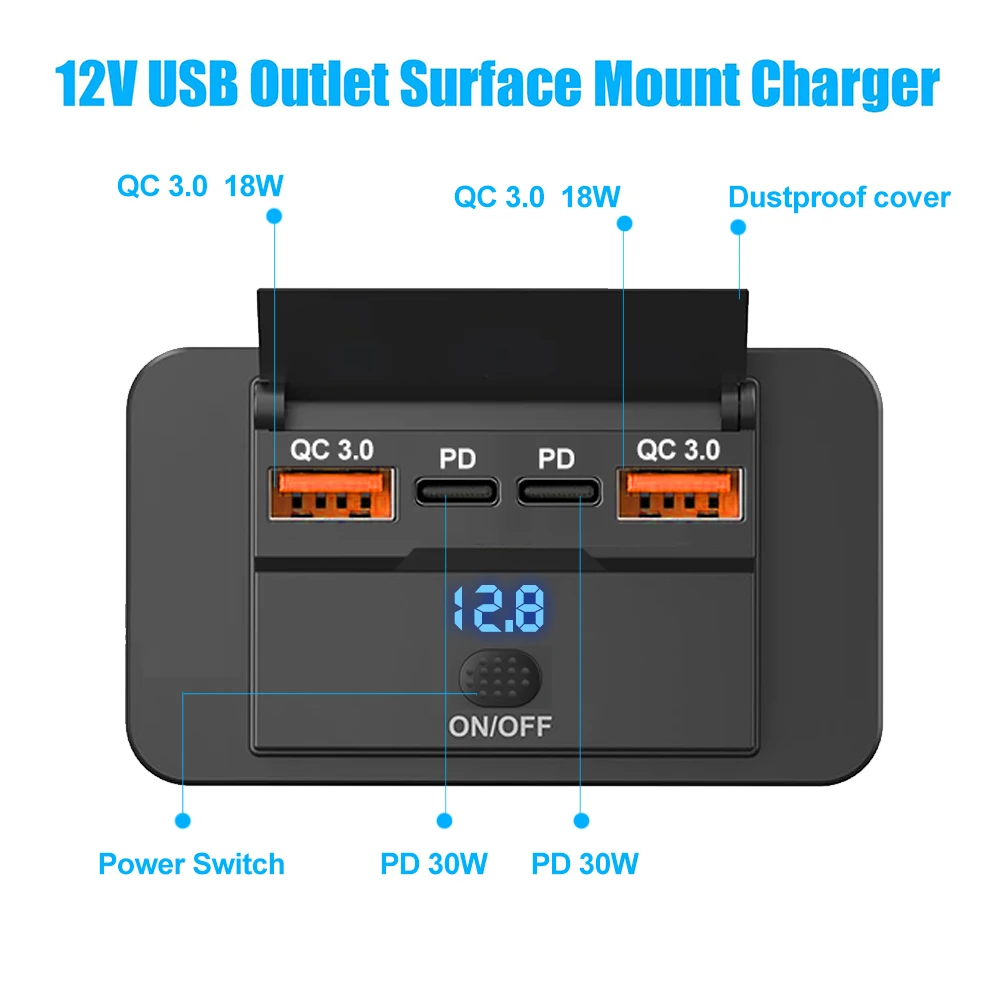 Nuevo Panel de enchufe de cargador de coche de 4 puertos 12V/24V RV salida USB Dual QC3.0 PD accesorios de enchufe de carga rápida para coche autobús RV camión