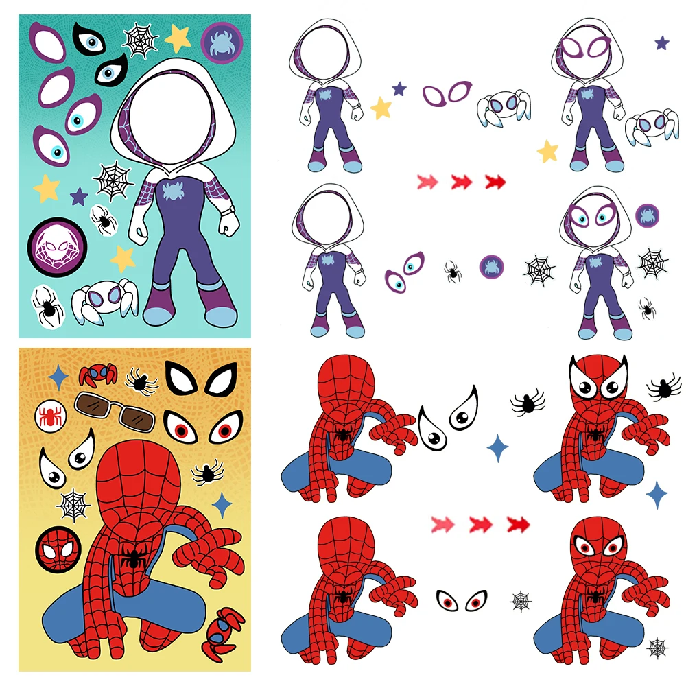 8/16/24 Uds SpiderMan Iron Man pegatina hacer una cara niños DIY rompecabezas divertido Anime montar pegatinas juguetes para niños niñas regalos