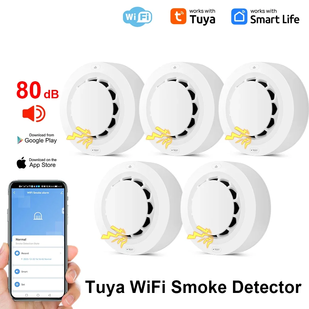 Tuya-Sensor Detector de humo Wifi, protección contra incendios inalámbrica, alarma de humo inteligente, Sensor de prevención de seguridad de alta sensibilidad, 80DB