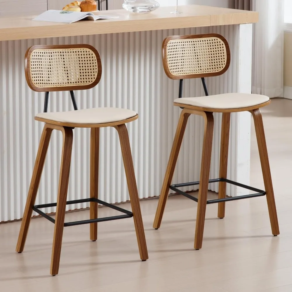 Modern Bar Stools Set of 2 26 Counter Height Barstools with Rattan Back PU Upholstered Kitchen Island Chair with Solid Wood Legs