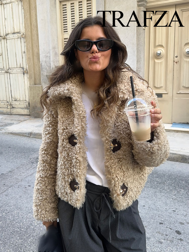 TRAFZA Winter Mode Frau Mäntel Solide Drehen-unten Kragen Langarm Einreiher Weibliche Streetwear Stil Dicke Jacken