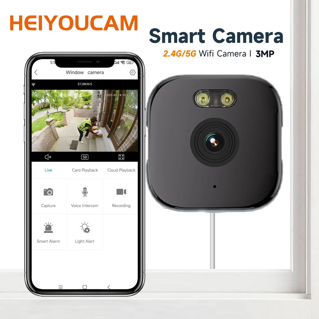 Cámara de ventana HEIYOUCAM: reemplaza las cámaras exteriores |   Wi-Fi de 2,4/5 GHz |   Resolución 3MP |   Visión nocturna a todo color a través de la ventana |