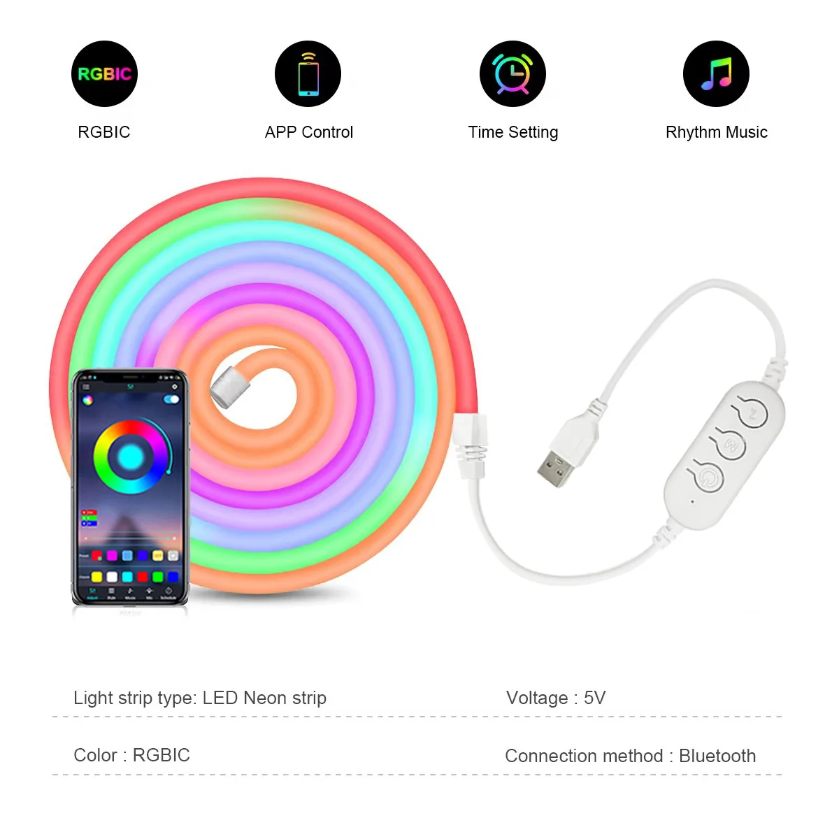 Tira de luces LED de neón RGBIC, 1M, 2M, 3M, 5M, Bluetooth, Control por aplicación, USB, luces LED de neón flexibles e impermeables para juegos, decoración del hogar