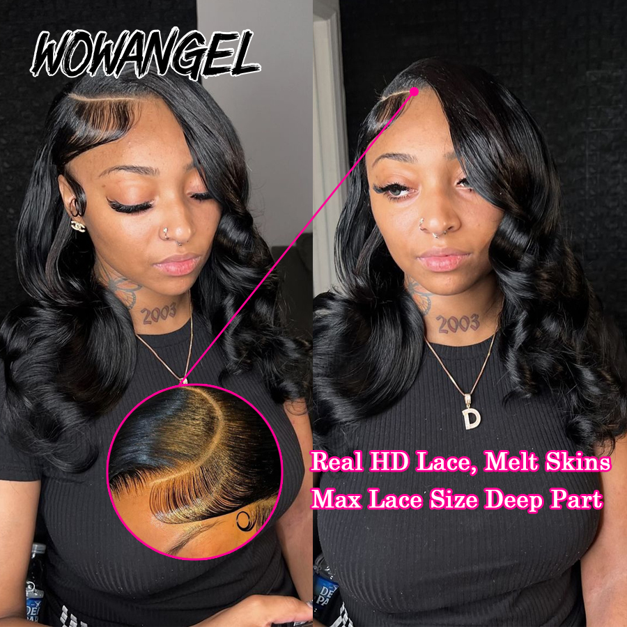 와우 엔젤 13x6 HD 레이스 프론트 가발 250% 레미 헤어 바디 웨이브 인간의 머리 가발 HD 레이스 가발 Pre Plucked Wear To Go 여성용 가발