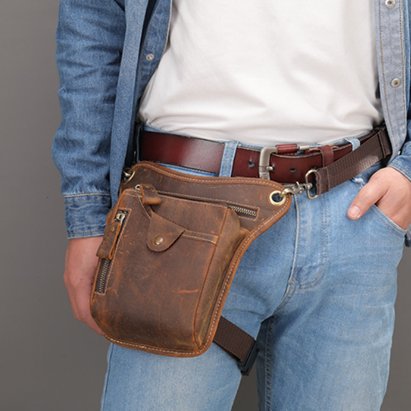 Vintage Men เอว Fanny Pack วางขา Cross Body ไหล่กระเป๋าสําหรับรถจักรยานยนต์ PU หนังชาย Messenger สะโพกเข็มขัดต้นขากระเป๋า