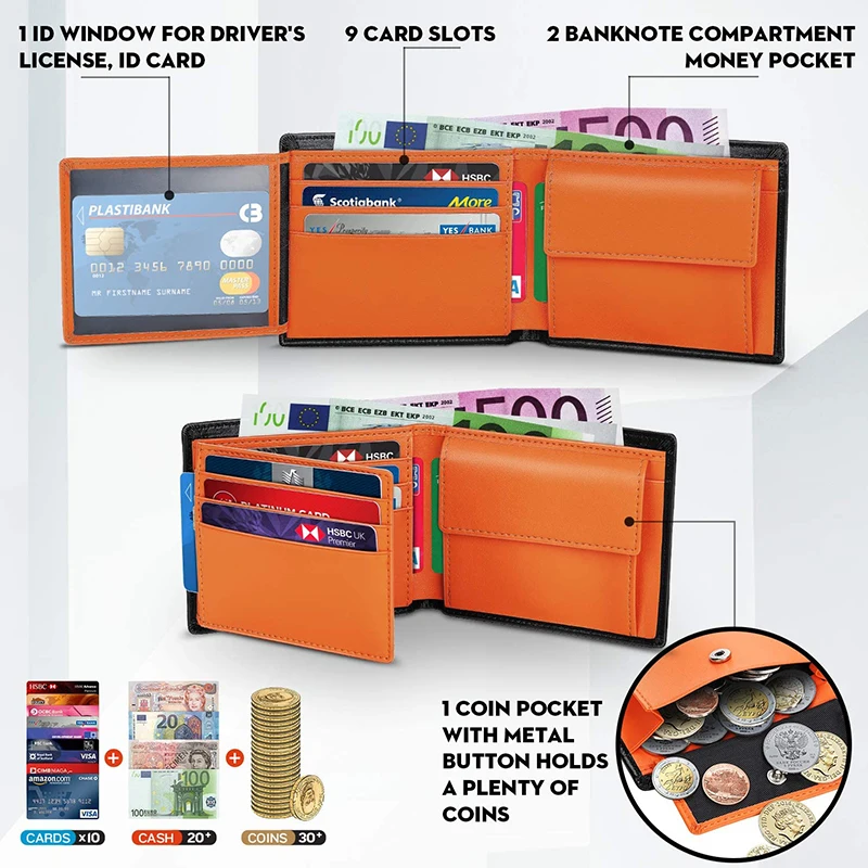 Carteras para hombre con bloqueo RFID delgado de cuero genuino con bolsillo para monedas 2 compartimentos para billetes 10 tarjeteros cartera para hombre