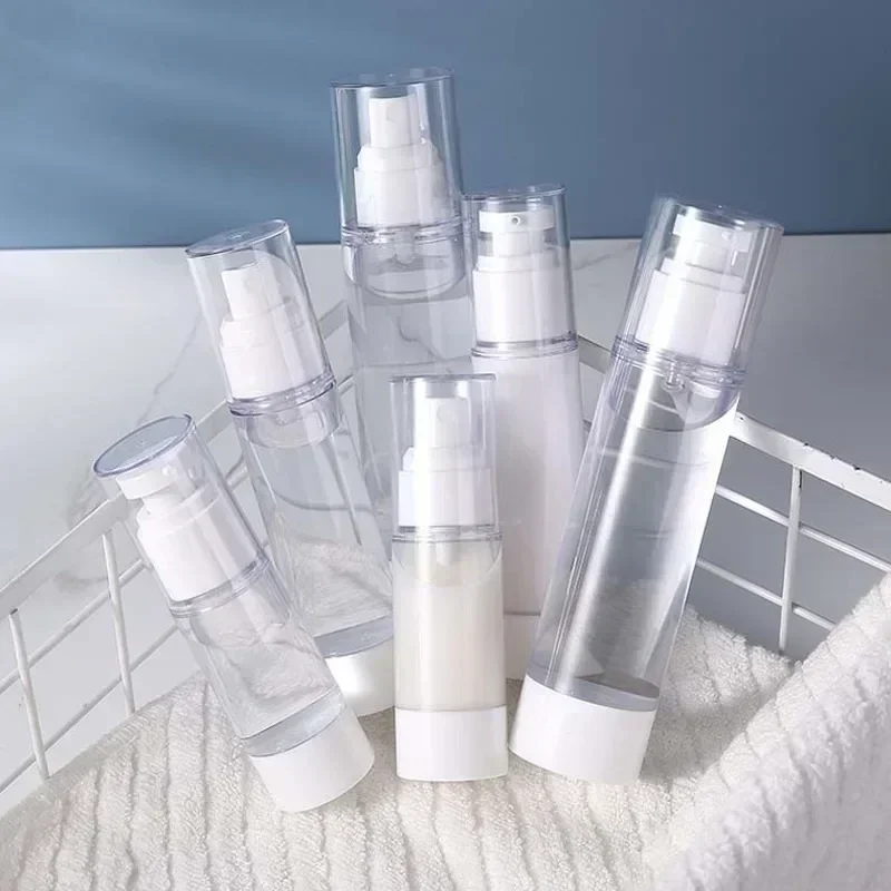 Botella con bomba de crema sin aire transparente para viaje, dispensador de vacío reutilizable recargable, contenedor sin aire, botella de maquillaje, 10/15/30/50/80/100ML