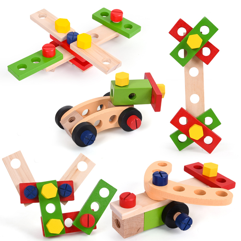 Giocattoli educativi per bambini Montessori Cassetta degli attrezzi in legno di plastica Fai finta di giocare Set Strumento per falegname di simulazione di assemblaggio di viti per dadi per bambini
