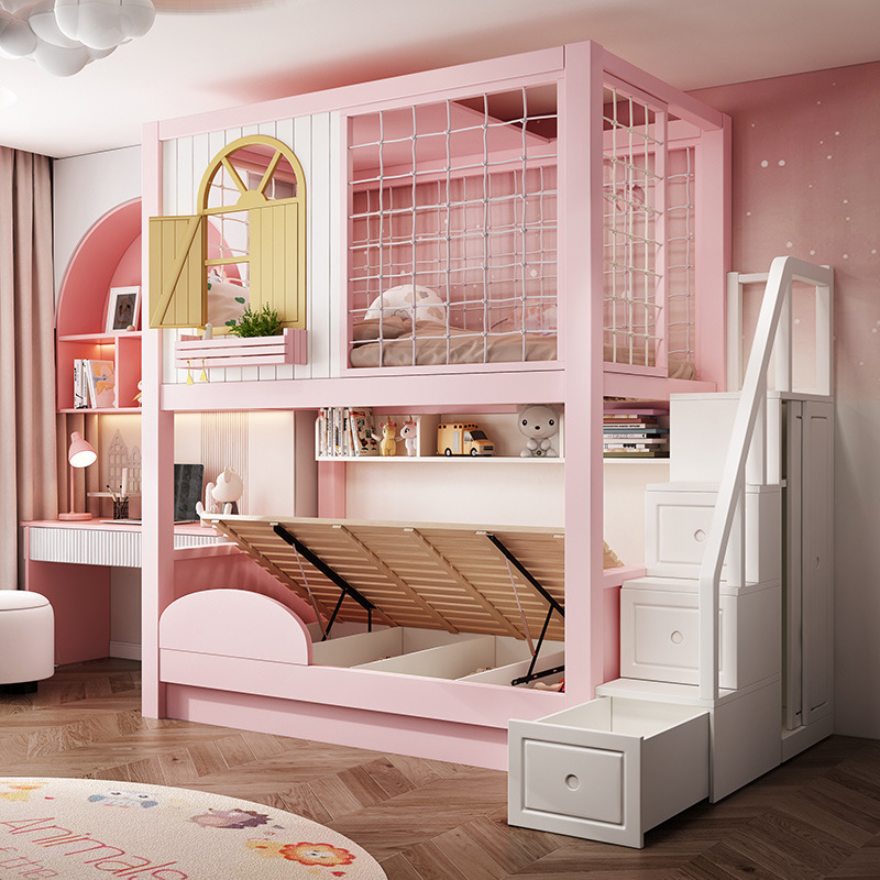 Muebles para niños de madera maciza completa, dos capas de camas de madera para niñas, camas de doble cubierta altas y bajas, cama principal y madre