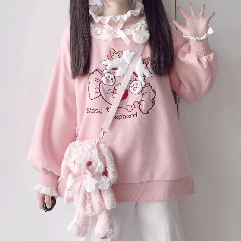 2025 primavera mujeres encaje cuello lindo sudaderas con capucha Harajuku Kawaii Sudadera Lolita chica Rosa jersey Cordero y caramelo bordado Sudadera