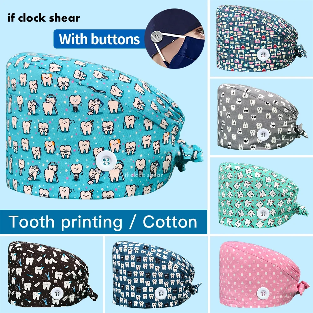 Gorros de fregado Unisex, gorros ajustables con estampado de dientes de algodón, gorros de fregado elásticos multicolores absorbentes para el sudor ajustables de alta calidad