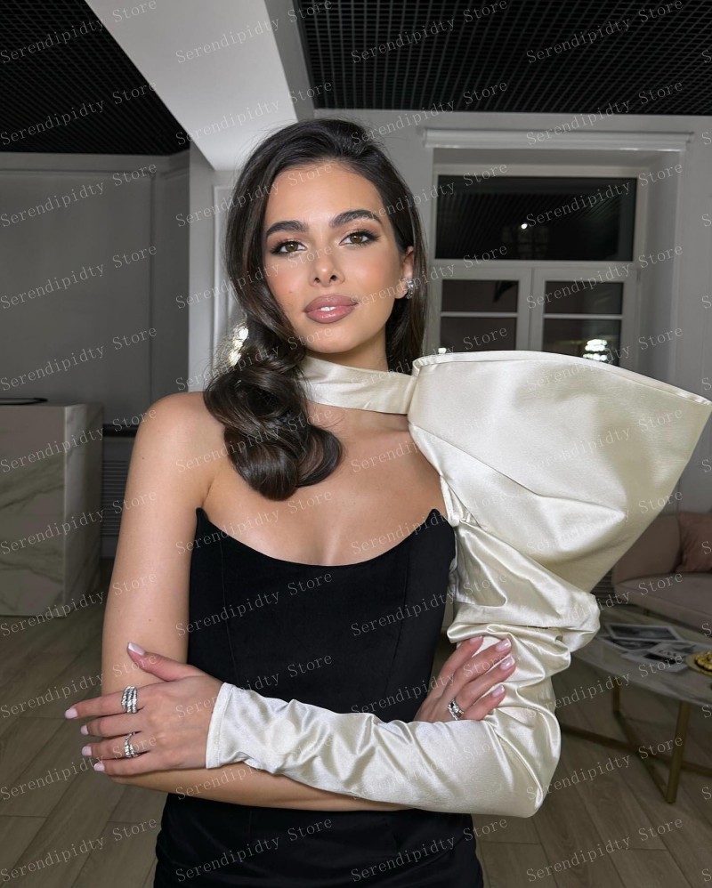 SERENDIPIDTY Bicolor Black Matte Satin Strapless Mini Party Dress One Shoulder Long Fluffy Sleeve Cocktail Dresses Ever Pretty