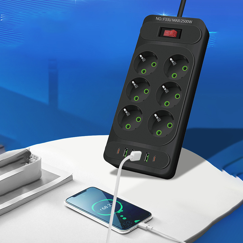 Presa CA con presa europea Multipresa multipla Cavo di prolunga da 2 m Presa elettrica con porte USB di tipo C Filtro di rete per ufficio domestico