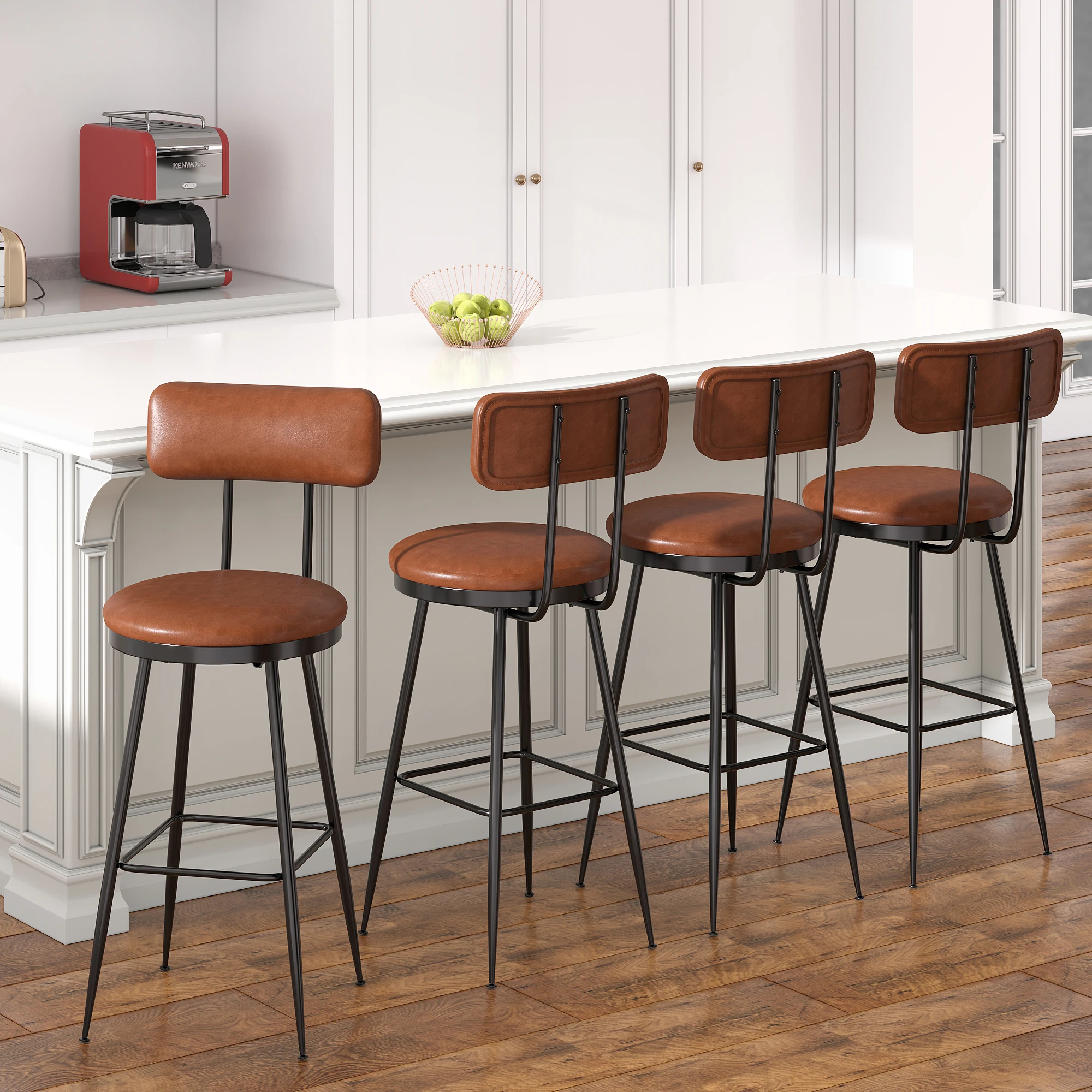 Cadeiras de bar Lazyspace com pernas de metal, conjunto de 4, cadeiras para casa com assento acolchoado e encosto em couro PU, bancos de bar, 86,5 cm de altura