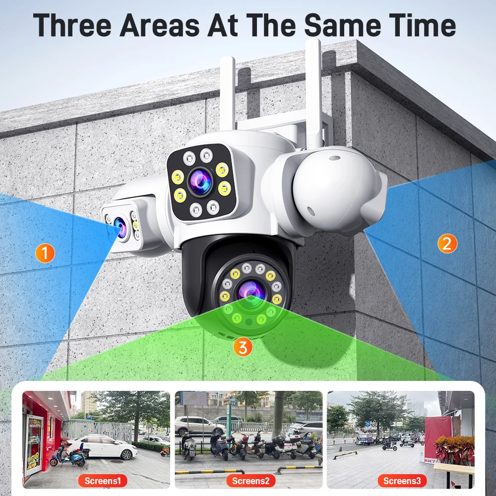 ANSVICAM 6K 12MP Cámara WiFi para exteriores Triple pantalla Triple lente PTZ 360 °   Cámara para Seguridad Completa IP66 Vigilancia CCTV Yoosee