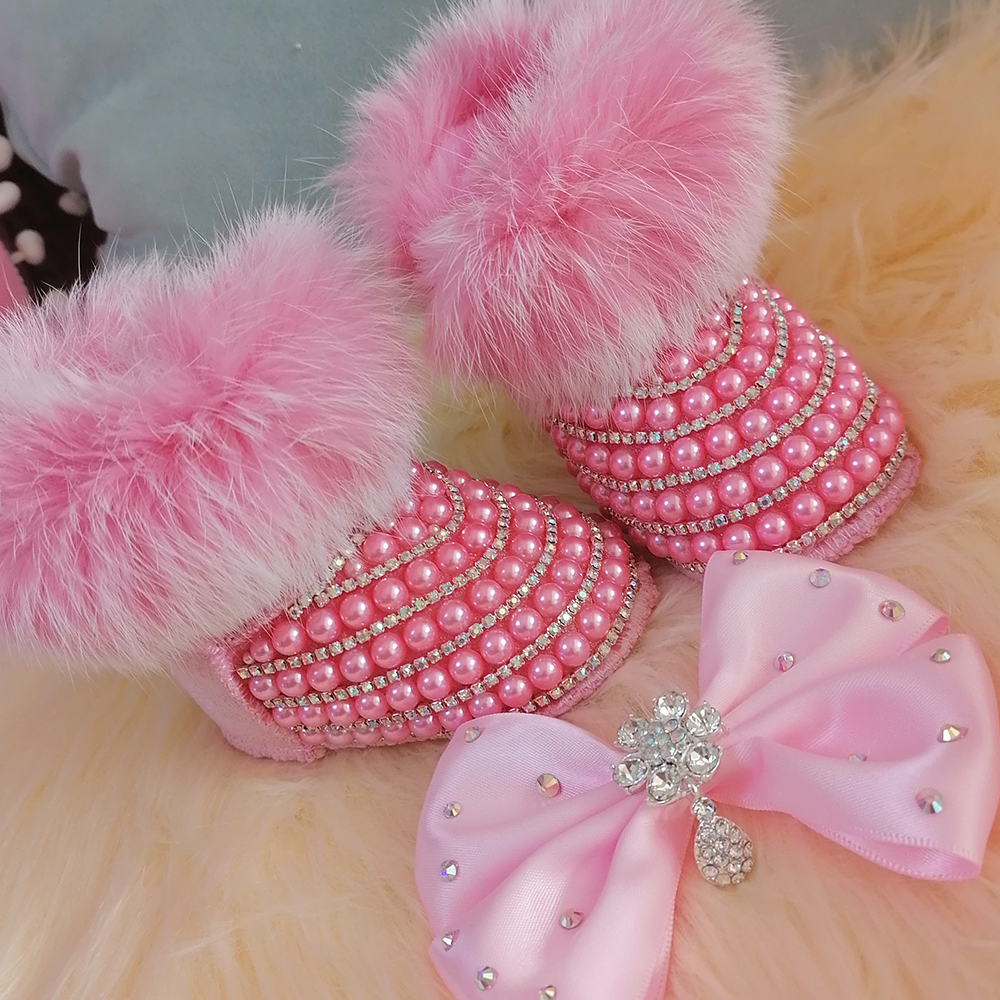 Diadema con lazo hecha a mano, botas de nieve con diamantes de imitación para niña, zapatos de invierno, peine, primer andador, cristal ostentoso, regalo de ducha de princesa