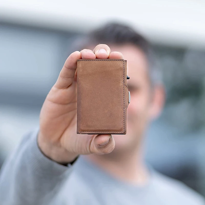 Pop-Up-Kreditkartenetui mit RFID-Schutz, Echtleder-Geldbörse mit Fach für Notizen und Münzen für Männer und Frauen