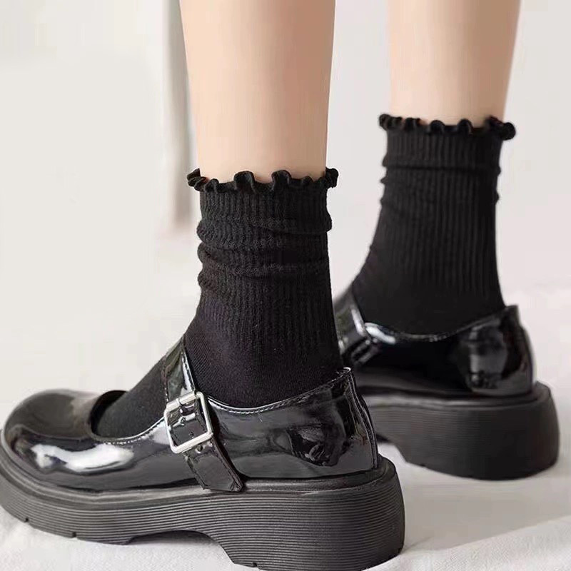 Calcetines con volantes Harajuku para mujer y niña, calcetines blancos y negros de tubo medio de algodón dulce, calcetín corto holgado hasta el tobillo suave y transpirable Jk Lolita
