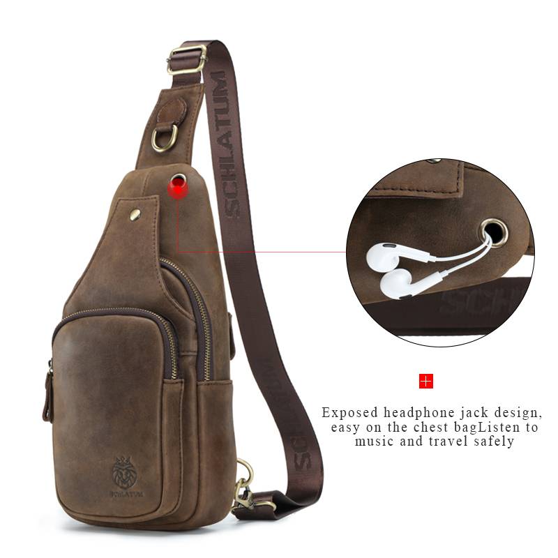SCHLATUM 100%Genuine Leather Chest Bag Casual Triangle Crossbody Design Travel Shoulder Backpack Men Leather Multifunctional Bag