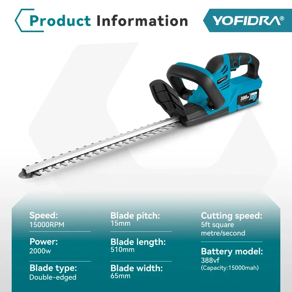 Cortasetos eléctrico YOFIDRA de 2000W, herramientas eléctricas de poda de arbustos de jardín recargables inalámbricas eficientes para batería Makita de 18V