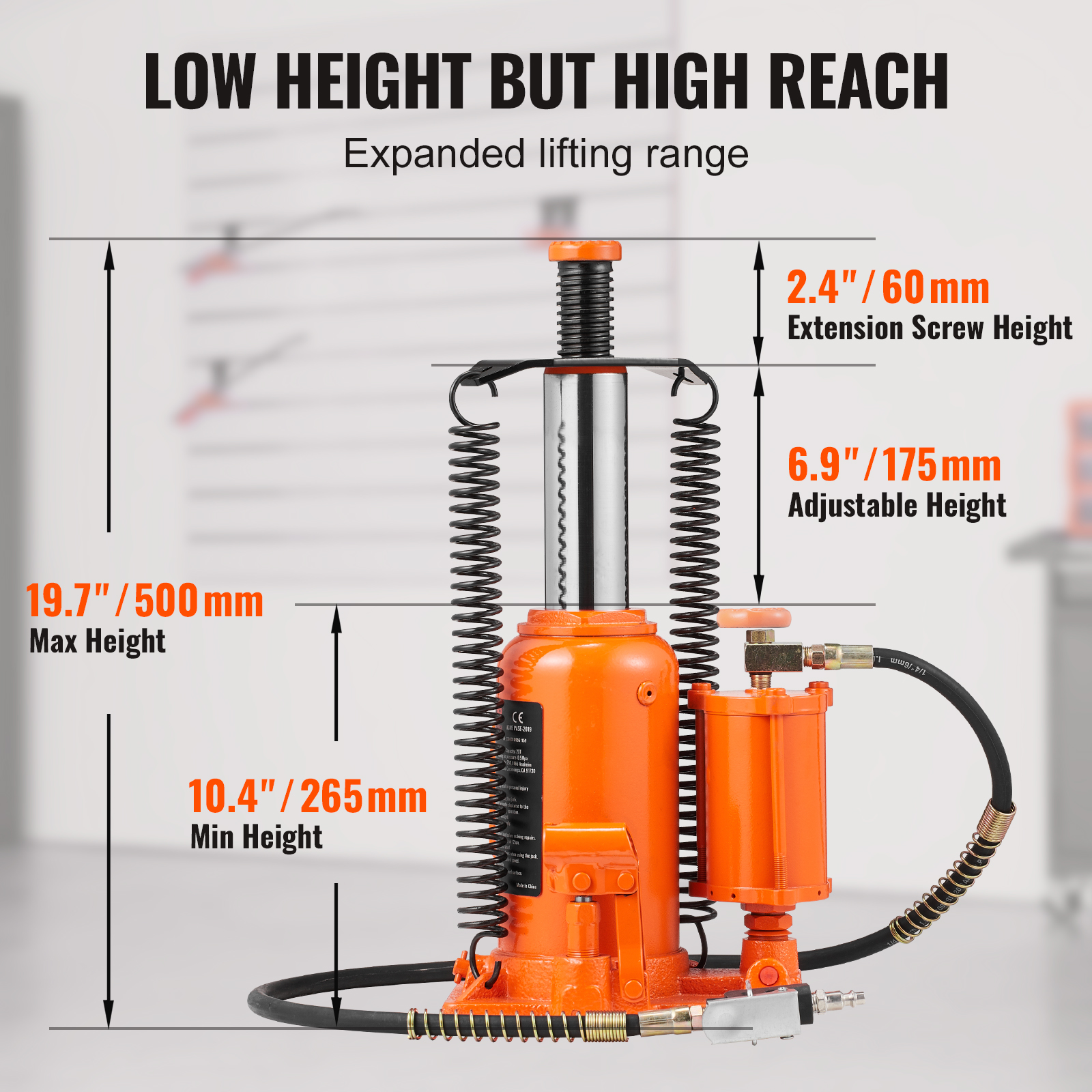 VEVOR-gato de botella hidráulica de aire, 20 toneladas, 265-500mm, rango de elevación, mango Manual y bomba de aire para coche, camioneta, RV, reparación de automóviles