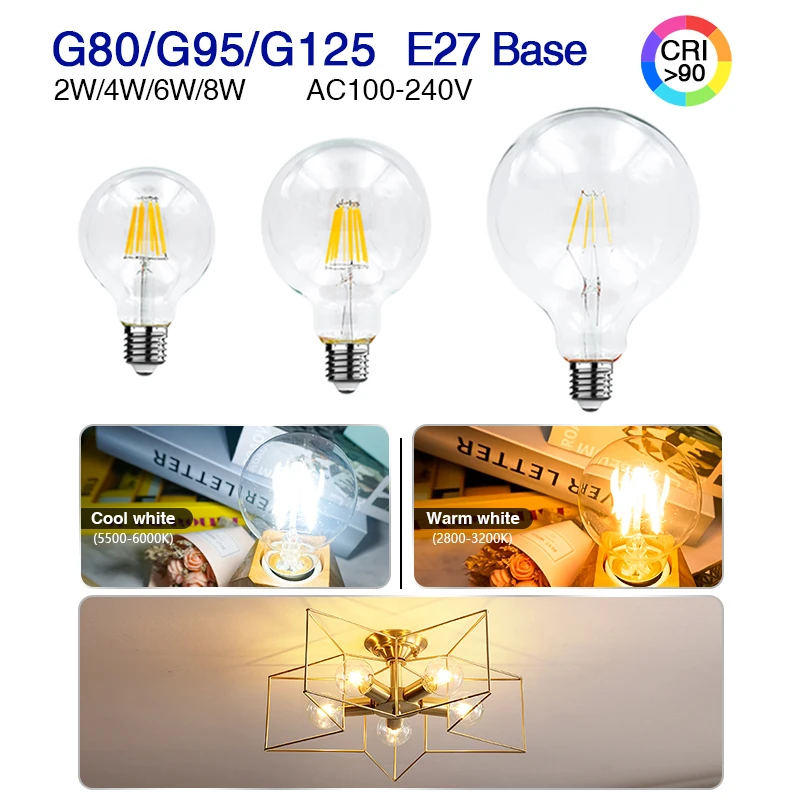 1-4pcs G80 G95 G120 LED Bulb E27 2W 4W 6W 8W AC 220V Energy Saving Global Light Lampada Ampoule Lamp Retro Edison Filament Bulbs