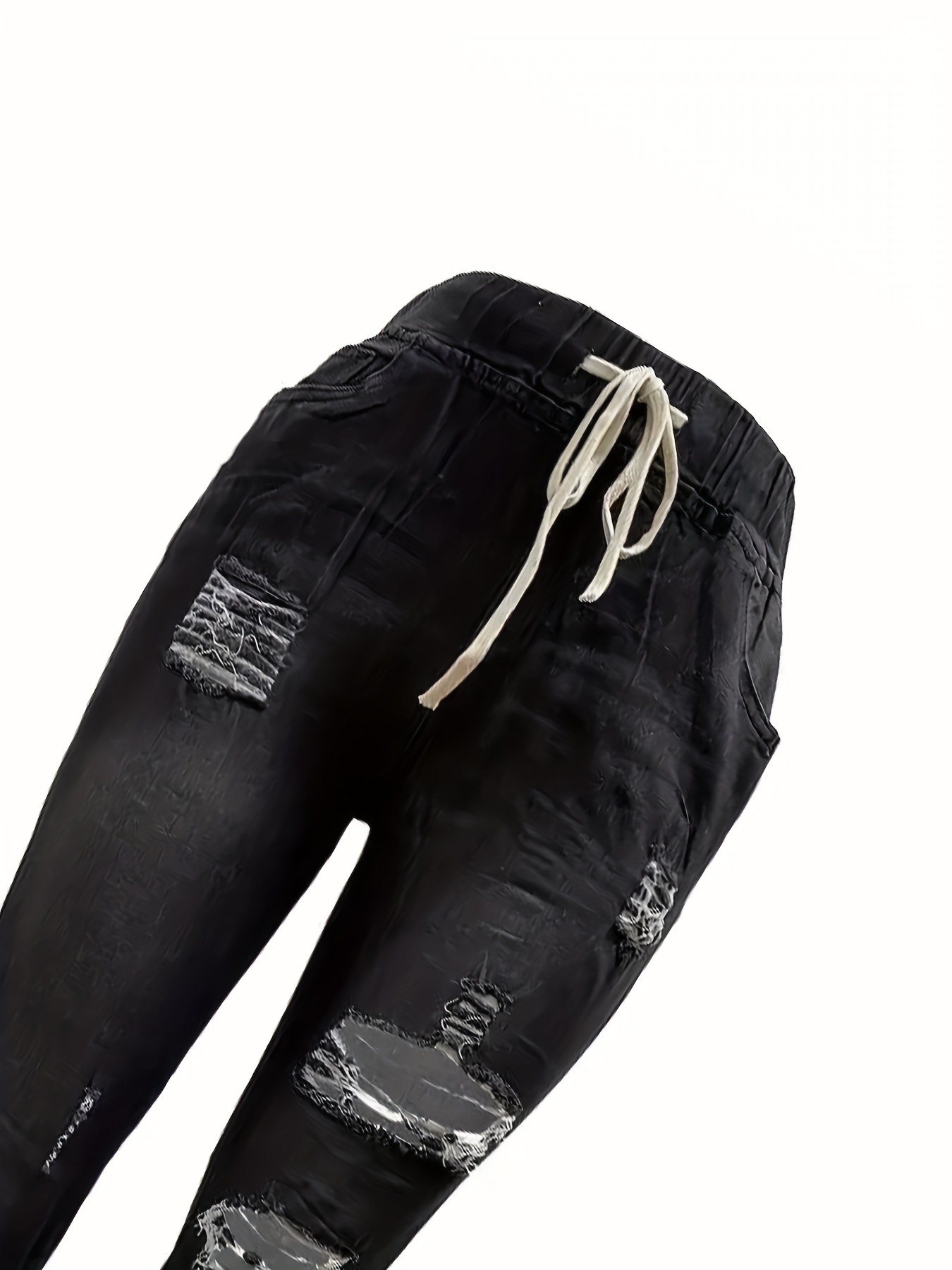 Pantalones vaqueros ajustados con agujeros rasgados lisos, pantalones de mezclilla con cintura elástica, dobladillo crudo desgastado, ropa de mezclilla para mujer