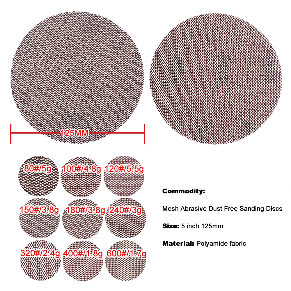 10 ชิ้น 5 นิ้ว 125 มิลลิเมตรแผ่นขัดตาข่าย Hook & Loop Abrasive Dust Free Disc Anti - Blocking Sharp บดกระดาษทรายสําหรับเฟอร์นิเจอร์ไม้