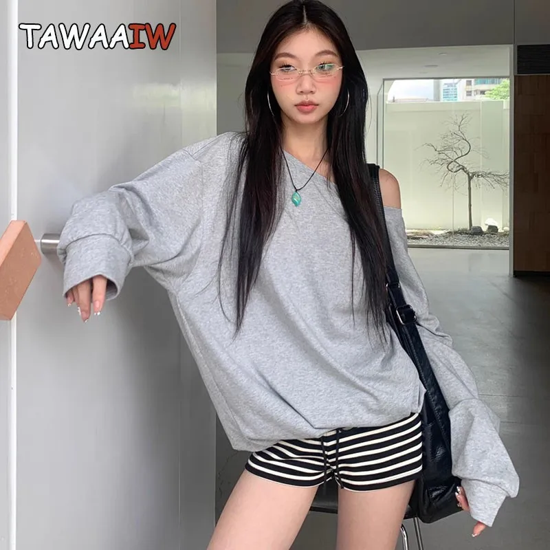 Tawaaiw casual fora do ombro y2k hoodie sólido solto manga longa harajuku outono topos moletom feminino chique 2000s streetwear